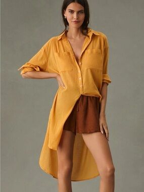 NWT Anthropologie Longline Duster Button-Up Tunic in Mustard Yellow size 2X